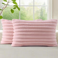 decorUhome Summer Cozy Faux Fur Throw Pillow Covers 12x20 Set of 2 Decorative Soft Plush Striped Lumbar Modern Farmhouse Boho Couch Pillow Cases with Velvet Back for Sofa Bed Living Room, Pink