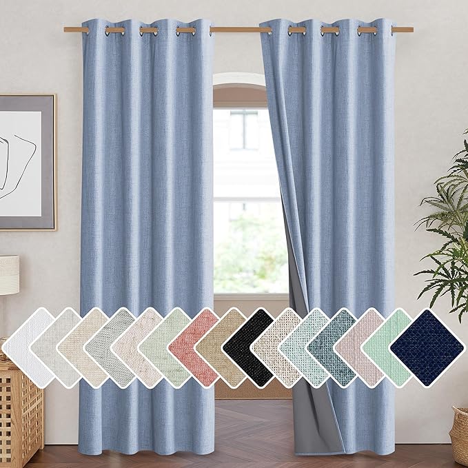 NICETOWN Stone Blue Vintage Linen 100% Blackout Curtains for Living Room, Thermal Insulated Curtains 90" Long, Noise Reducing Window Treatment Drapes for Home Cinema, 52" Wide Per Panel, Set of 2