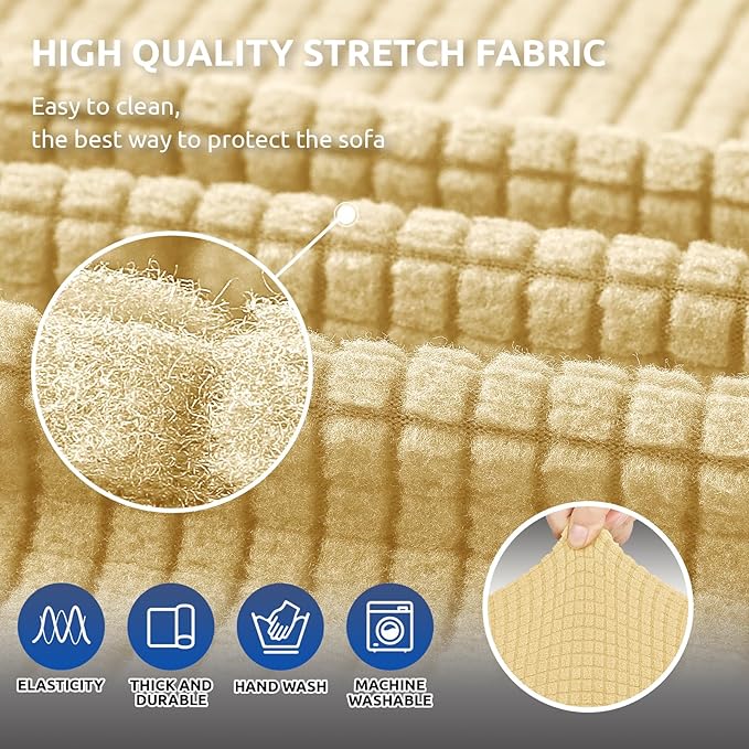 KEKUOU Stretch Sofa Cover Slipcover ，Couch Covers for 3 Cushion Couch Sofa pet Friendly (78"-94") Furniture Protector Sofa with Elastic Bottom for Kids,Dog, Jacquard Small Checked(Large,Champagne)