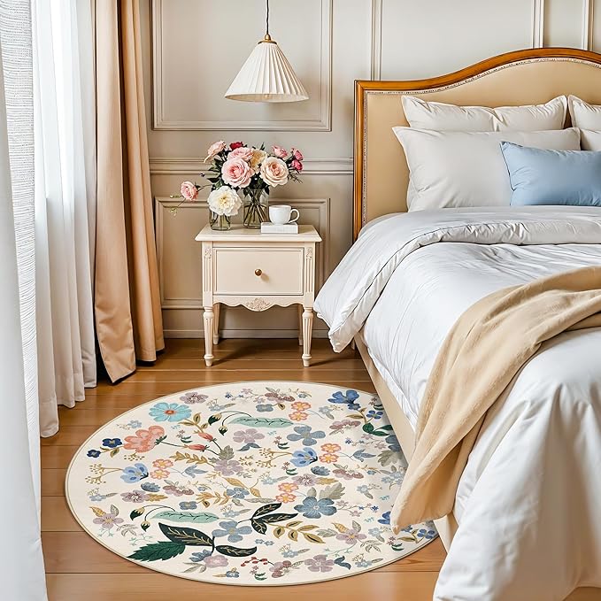 Washable Floral Round Rugs for Bedroom - 4x4 Feet Circle Area Rugs for Living Room Nursery Non-Slip Stain Resistant Ultra Soft Carpet for Teen Girls and Boys Dorms Home Decor Aesthetic(4ft,Cream)