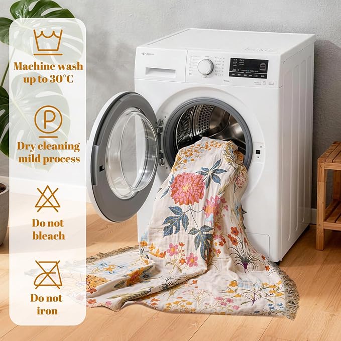 MSGKV Boho Throw Blanket for Couch Chair 100% Cotton Floral Blanket 50"x60" Sofa Blankets Lightweight Farmhouse Muslin Spring Breathable Bed Blankets Home Decor All Seasons
