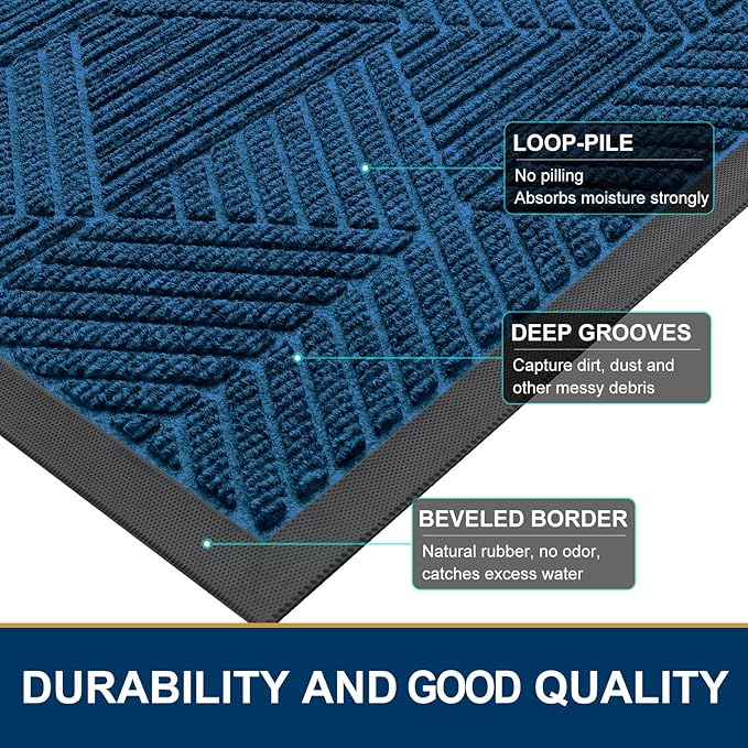 Smiry Front Door Mat Outside Entrance, Heavy Duty Sturdy Natural Rubber Doormat, Trap Dirt and Moisture, Easy Clean Low Profile Mats for Indoor Outdoor Entry, Irregular Triangle (47x32, Mixed Blue)