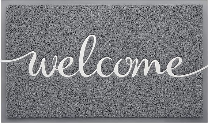 BeneathYourFeet Door Mat, Welcome Mat Low Profile Floor Mat Front Doormat Indoor and Outdoor Doormat Non Slip Rugs for Entryway, Patio, High Traffic Areas (32"x20", Grey-Welcome)