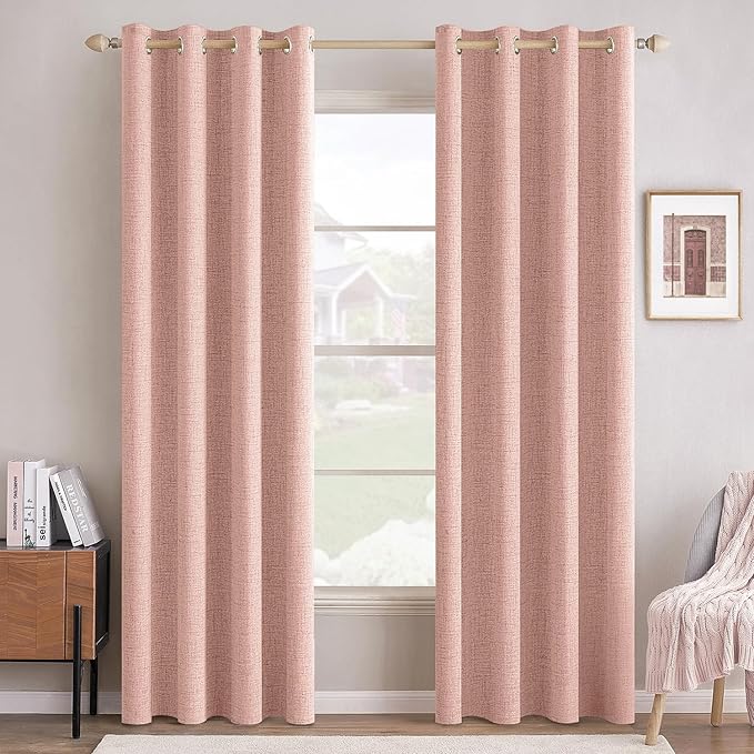 MIULEE Linen Curtains for Bedroom 100% Blackout Thermal Insulated Blush Pink Grommet Room Darkening Curtains & Drapes for Living Room Nursery 52 x 90 Inch (2 Panels)