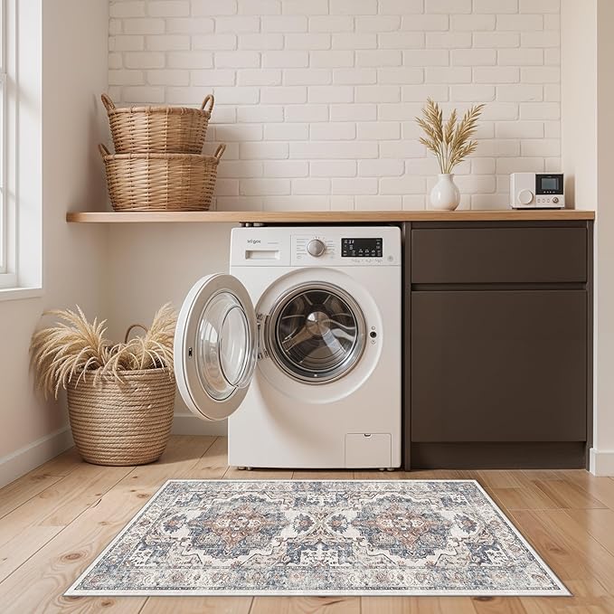 2x4 Washable Kitchen Runner Rug: Vintage Non-Slip Low Pile Entryway Area Rugs Thin Light Weight Carpet for Nursery Bedroom Soft Water Resisitant Floor Mat for Bathroom Laudry Room(2x4,Brick)