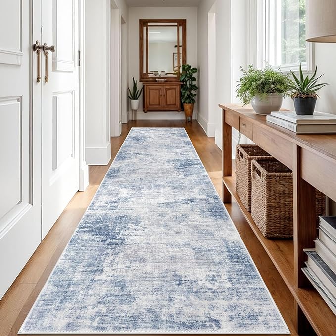 IOHOUZE Abstract Runner Rug 3x12 Ft Washable Runners for Hallways, Non Slip Kitchen Runner Printed Faux Wool Entryway Runner Indoor, Modern Abstract Floor Carpet for Hall Kitchen, Light Blue Grey