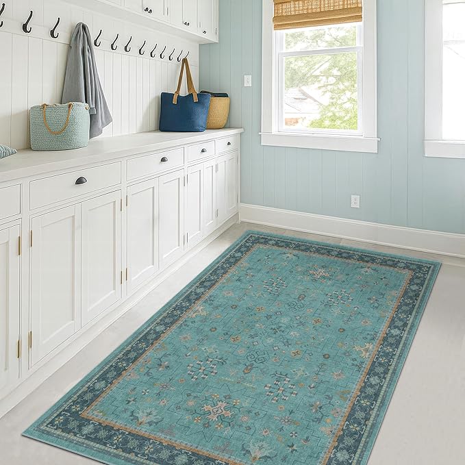 Hazo Haus Teal 3x6 Wide Non Slip Kitchen Rug - Washable Front Door Runner Indoor Entrance, Vintage Floral Pattern Indoor Decor, Non Slip Soft Low Pile Fade Resistant