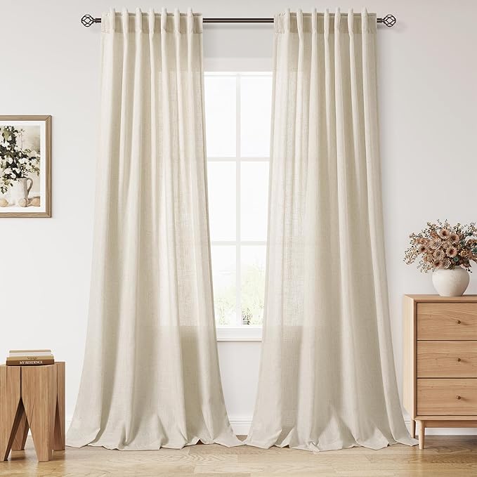 Birch Beige Linen 112 Inch Curtains for Living Room Light Filtering Semi Sheer Curtain Back Tab Modern Farmhouse Decor Elegant Coastal Drapes Floor to Ceiling High Window for Bedroom 52x112, 2 Panels