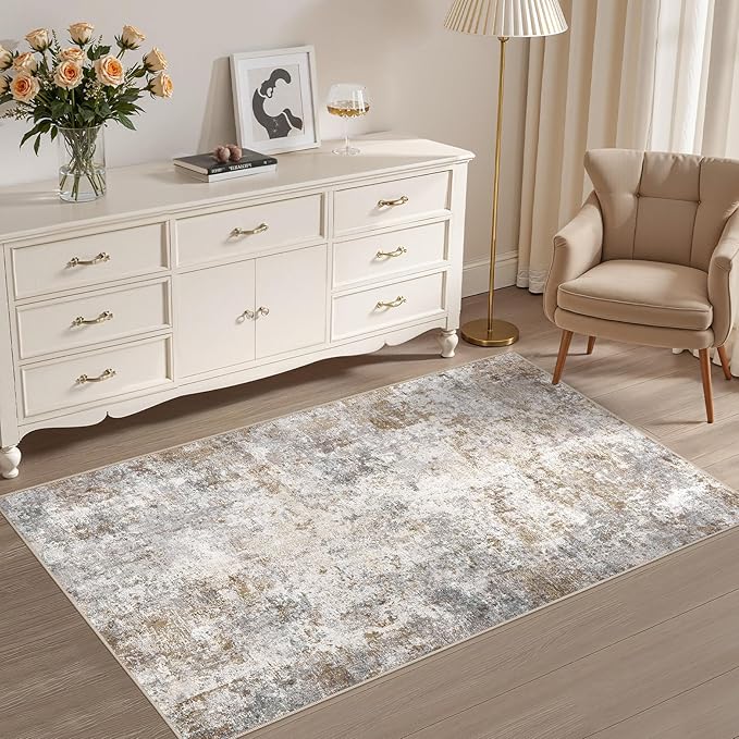 UERMEI 3x5 Area Rug Living Room Rugs - Washable Neutral Modern Abstract Soft Thin Rug Indoor Floor No Slip Rug Carpet for Bedroom Under Dining Table Home Office Decor - Brown Grey