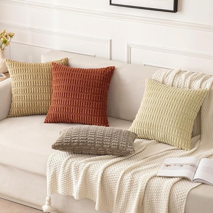 MIULEE Pack of 2 Dark Rust Corduroy Decorative Pillow Covers 18x18 Inch Soft Boho Striped Throw Pillow Covers Modern Farmhouse Home Decor for Summer Sofa Living Room Couch Bed