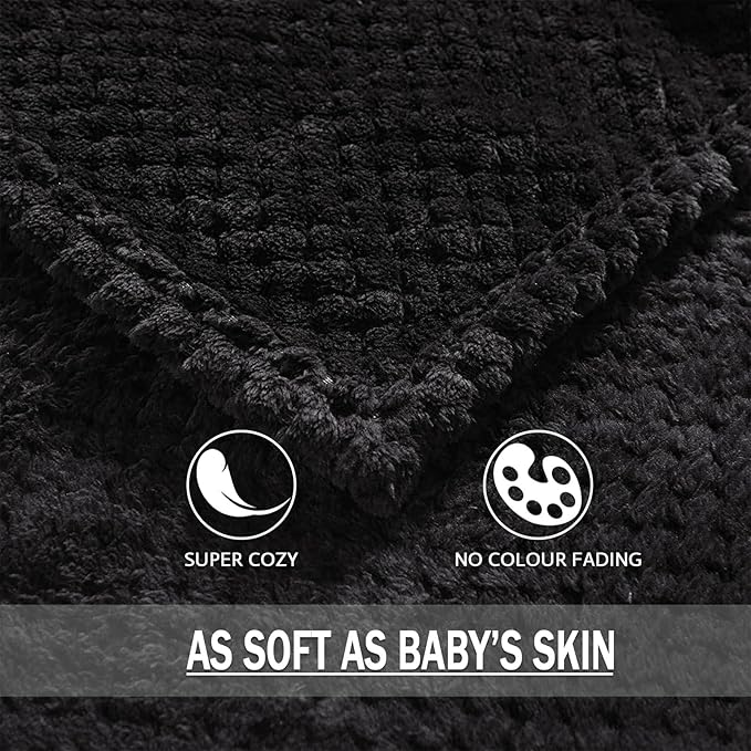 Exclusivo Mezcla Fleece Bed Blanket Twin Size, Super Soft and Warm Blankets for Couch, Sofa and Bed Waffle Textured, Cozy, Fuzzy and Lightweight (Black, 60x80 inches)