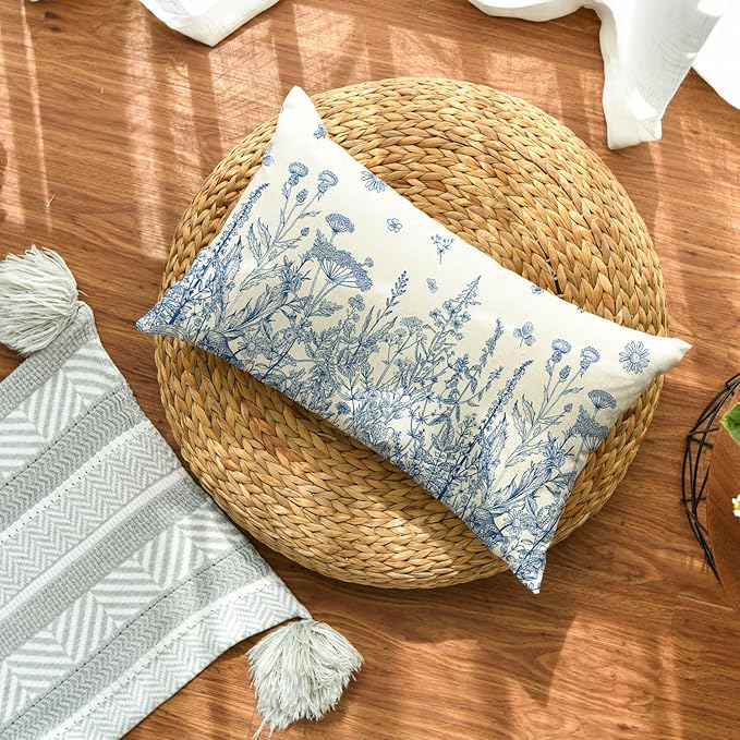 AVOIN colorlife Wildflowers Spring Summer Blue Throw Pillow Cover, 12 x 20 Inch Floral Cushion Case Decoration for Home Sofa Couch