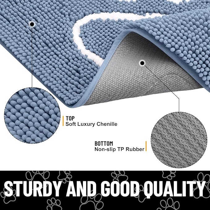 Smiry Dog Door Mat for Muddy Paws, Absorbent Dirt Trapper Non Slip Quick Dry Washable Chenille Mat for Mud Dogs, Entry Rug for Indoor and Outdoor (70x24 Inches, Airy Blue and White)