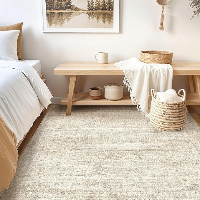 UERMEI Square Area Rugs : Washable 6x6 Neutral Modern Abstract Carpet for Living Room Bedroom - Soft Floor Mat with Non Slip Backing for Kitchen Nursery Dorms Farmhouse Home Decor - Beige/Brown