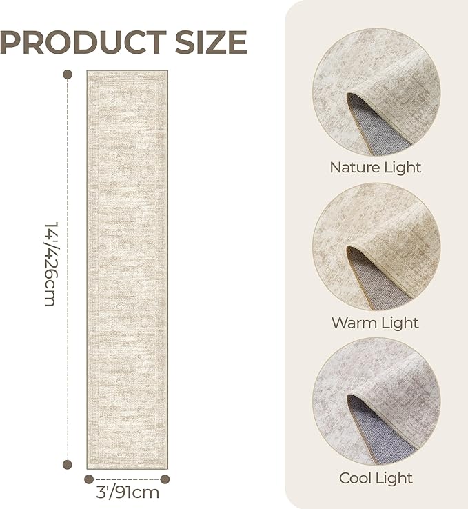 3x14 Washable Runner Rug for Hallway, Non-Slip Long Hallway Runner for Entryway, Soft Vintage Kitchen Mats for Floor, Abstract Dining Room, Bedroom, Living Room Rugs(3'x14', Beige/Ivory)