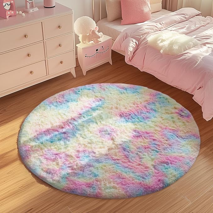 Ophanie Round Rugs 4Ft Rainbow Circle Area Rug, Colorful Unicorn Bedroom Dorm Decor for Teen Girls, Cute Fluffy Fuzzy Plush Soft Shaggy Living Room Carpet for Kids Baby Home Aesthetic Nursery Playroom