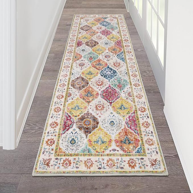 HEBE Hallway Runner Rug 2'x6' Washable Vintage Distressed Area Rugs Non Slip Laundry Rug Runner Boho Floor Carpet Runners for Hallways Entryway Laundry Room Kitchen Bathroom