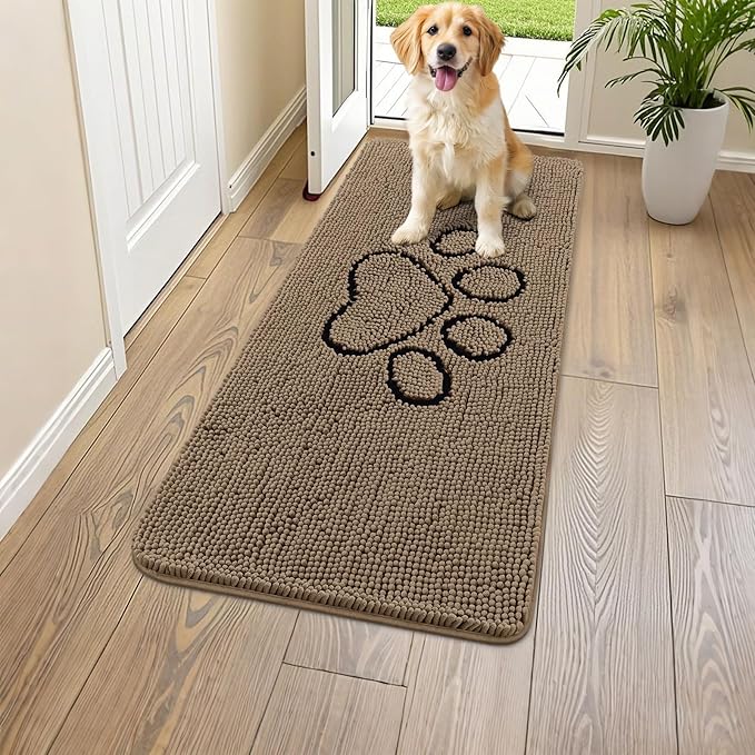 Smiry Dog Door Mat for Muddy Paws, Absorbent Dirt Trapper Non Slip Quick Dry Washable Chenille Mat for Mud Dogs, Entry Rug for Indoor and Outdoor (47x24 Inches, Camel and Black)