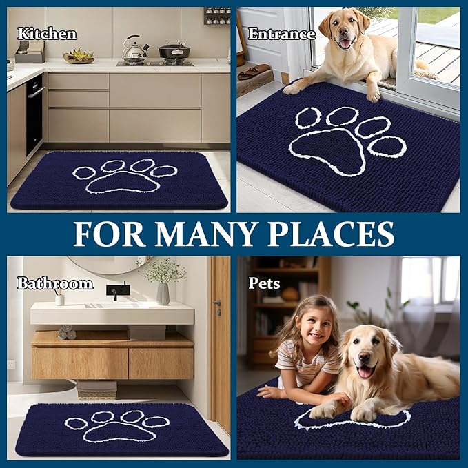 OLANLY Dog Door Mat for Muddy Paws 70x24, Paw Print Design, Absorbs Moisture and Dirt, Absorbent Non-Slip Washable Doormat, Quick Dry Chenille Mud Mat for Dogs, Entry Indoor Entryway Carpet, Navy Blue