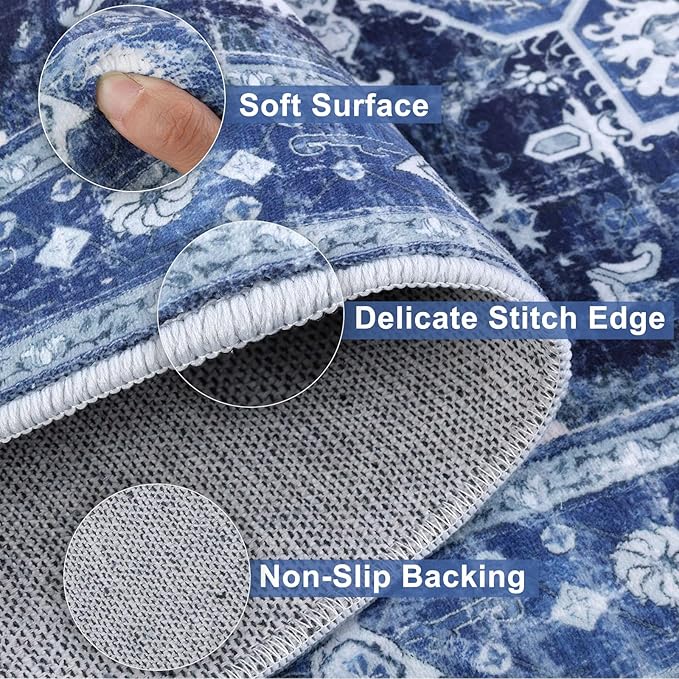 Yamaziot Washable Runner Rug, 2x5 Non-Slip Boho Vintage Hallway Rug Runner with Rubber Backing, Stain Resistant & Low Pile Faux Wool Distressed Carpet Runner for Kitchen, Laundry, Entrance, Blue