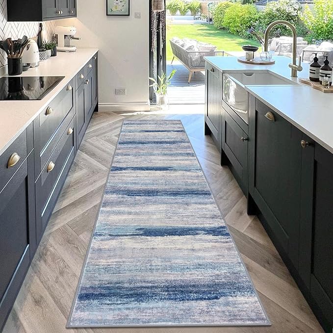 KOZYFLY Modern Abstract Washable Rug Runner 2.6x10 Hallway Rug Runner Non-Slip Soft Kitchen Runner Rugs, Blue/Grey/Beige Striped Carpet for Entryway Bathroom Laundry Room Foyer