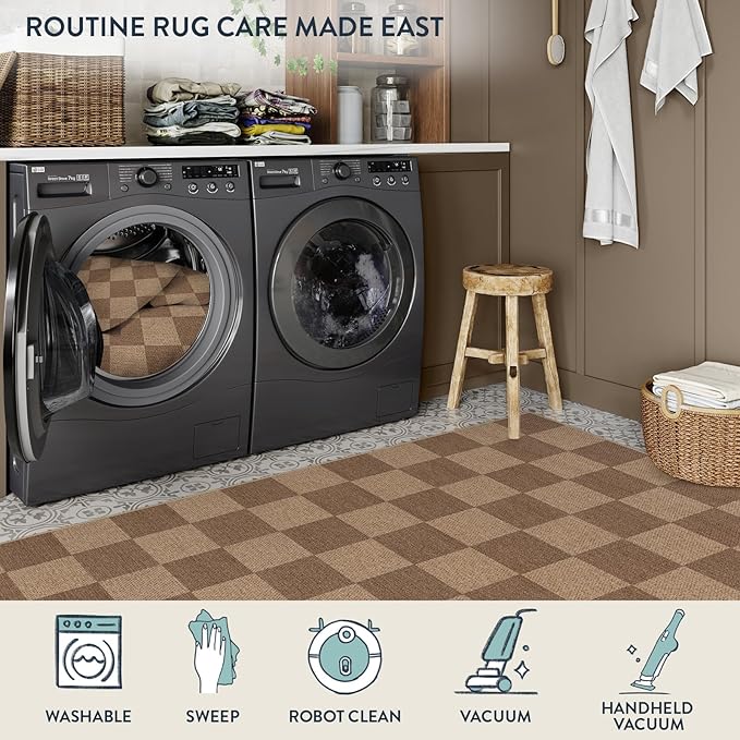 Lahome Colette Checkered Easy Jute Kitchen Runner, 2x8 Washable Indoor Outdoor Runner Rug, Checkerboard Non Slip Non Shedding Neutral Carpet for Hallway Entryway Foyer