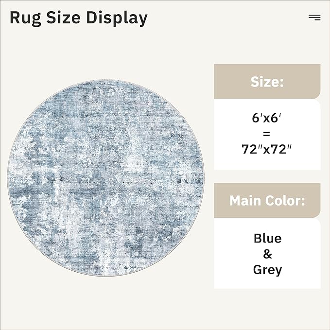 6x6 Blue/Grey Round Rug 6ft Living Room Circle Rug Vintage Round Area Rug Non Slip Indoor Carpet for Dining Room Bedroom