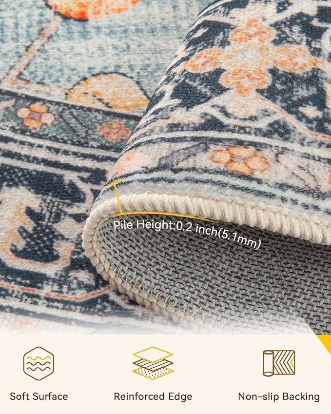 RELEANY Area Rugs 7ft Washable Non-Slip, Floral Vintage Distress Print Pattern Medallion Carpet for Living Room Bedroom Dining Room, Beige Navy Blue Orange Colorful