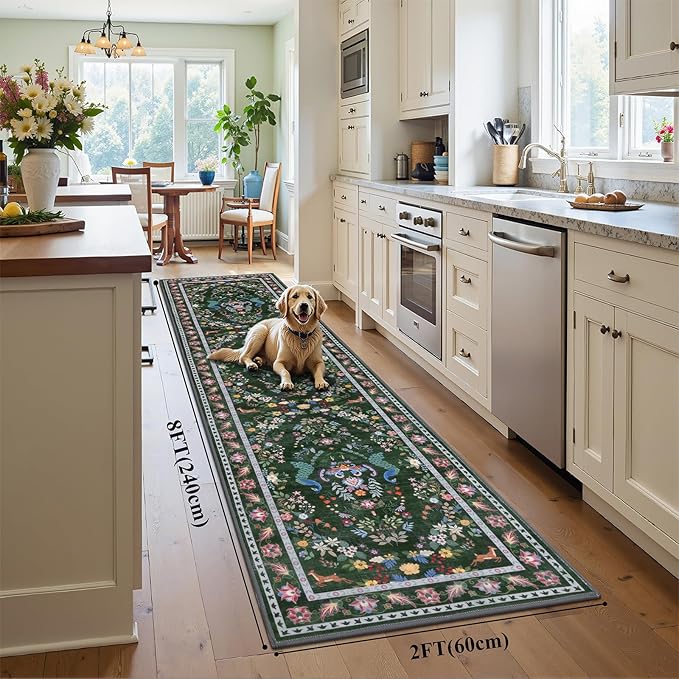 HEBE Washable Hallway Runner Rug 2'x 8' Non Slip Kitchen Rugs Runner,Low Pile Entryway Rug Laundry Room Mat Floral Carpet Runners for Hallways, Kitchen,Bathroom,Laundry,Bedside Rug