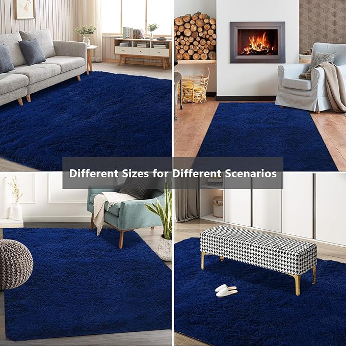 Shag Area Rugs for Bedroom Living Room,4X6 Ultra Soft Fluffy Area Rugs for Dorm, Indoor Carpet Nursery Rugs for Kids Room Home Decor, Navy Blue