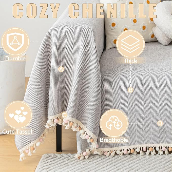 HANDONTIME Grey Sofa Cover for Couch Boho Couch Cover for 3 Seat Couches Dog Couch Cover Love Seat Couch Covers Light Grey Sectional Cover 91" X118" Tassel Chenille Herringbone Sofa Covers