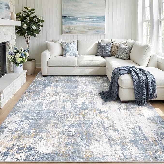 Washable Area Rugs 9'x12' Non-Slip Modern Abstract Soft for Living Room Entryway Bedroom Nursery, Print Pattern, Light Blue