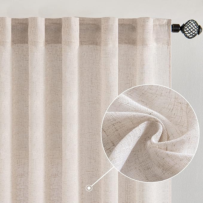 MIULEE Natural White Linen Curtains 105 Inch Length 2 Panels for Bedroom Living Room, Soft Thick Linen Textured Window Drapes Semi Sheer Light Filtering Back Tab Rod Pocket Burlap Look Decor
