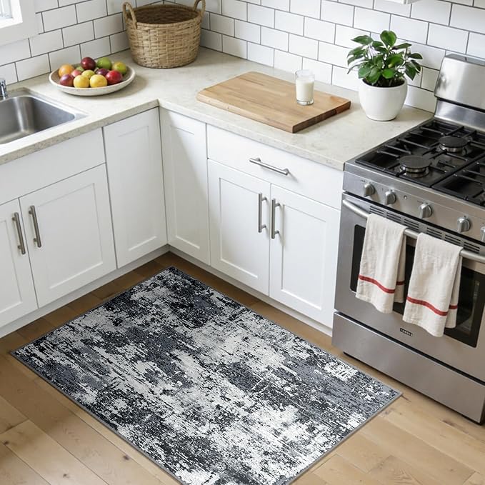Washable Area Rugs 3x4 Non-Slip Modern Abstract Soft for Living Room Entryway Bedroom Nursery, Print Pattern, Black Navy Blue Gray