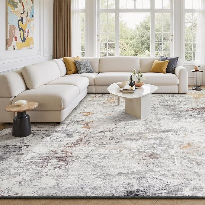 Rugflix 10x14 Area Rugs for Living Room, Washable Large Rug Stain-Resistant Low Pile, Modern Neutral Carpet for Dining Room Home Office Kid Room Nursery Bedroom, Grey Brown
