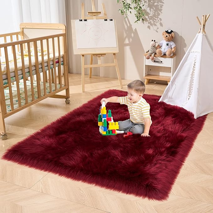 EasyJoy Ultra Soft Fluffy Shaggy Area Rug Faux Fur Rug Chair Cover Seat Pad Fuzzy Area Rug for Bedroom Floor Sofa Living Room (4 x 6 ft Rectangle, Burgundy)