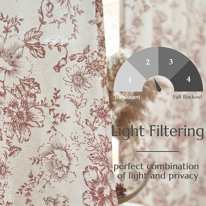 jinchan Linen Blend Curtain Floral Curtains for Living Room 63 Inch Length Farmhouse Brick Red Printed Curtain Rod Pocket Back Tab Peony Flower Patterned Drapes Curtains Set 2 Panels