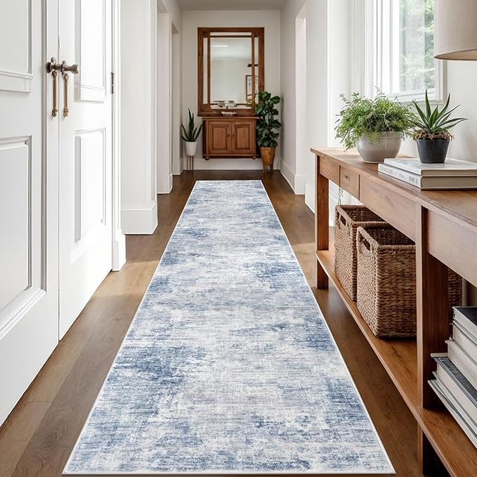 IOHOUZE Abstract Runner Rug 2x12 Ft Washable Runners for Hallways, Non Slip Kitchen Runner Printed Faux Wool Entryway Runner Indoor, Modern Abstract Floor Carpet for Hall Kitchen, Light Blue Grey