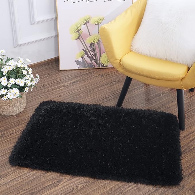 Tepook Super Soft Fluffy Rug for Bedroom, Modern Shaggy Fuzzy Kids Rugs for Living Room, Plush Indoor Nursery Home Decor Dorm Carpet with Non-Slip Bottom, Black, 2 X 3 Feet
