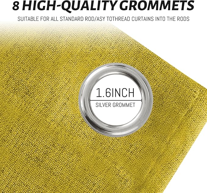 Yakamok Mustard Yellow Linen Curtains 100% Blackout 84 Inches Long,Room Darkening Textured Curtains for Living Room Thermal Grommet Bedroom Curtain 2 Panels with White Liner