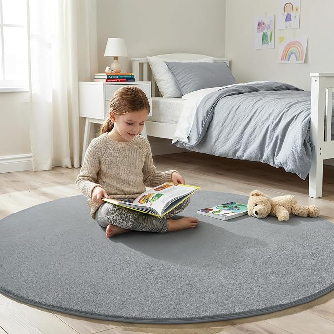 Amearea Grey Round Area Rugs 4ft Washable Circle Rugs for Bedroom Living Room, Fluffy Indoor Thickened Memory Foam Rug, Non Slip Minimalist Circular Carpet for Kids Boys Girls Dorm Nursery Room Decor