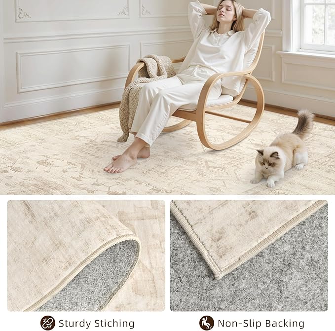 6x9 Area Rugs for Living Room: Vintage Boho Neutral Washable Rug Indoor Soft Large Area Rug Carpet for Bedroom Nursery Farmhouse Dining Room Office Floor Non-Slip Low Pile Under Table Rug Beige/Brown