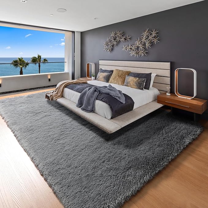 ONASAR Grey 8x10 Area Rugs for Living Room, Gray Large Fluffy Shag Bedroom Rug, Ultra Soft Plush Thick Shaggy Big Floor Carpet for Kids Boy and Girls Teen Dorm Nursery Indoor Home Decor Aesthetic