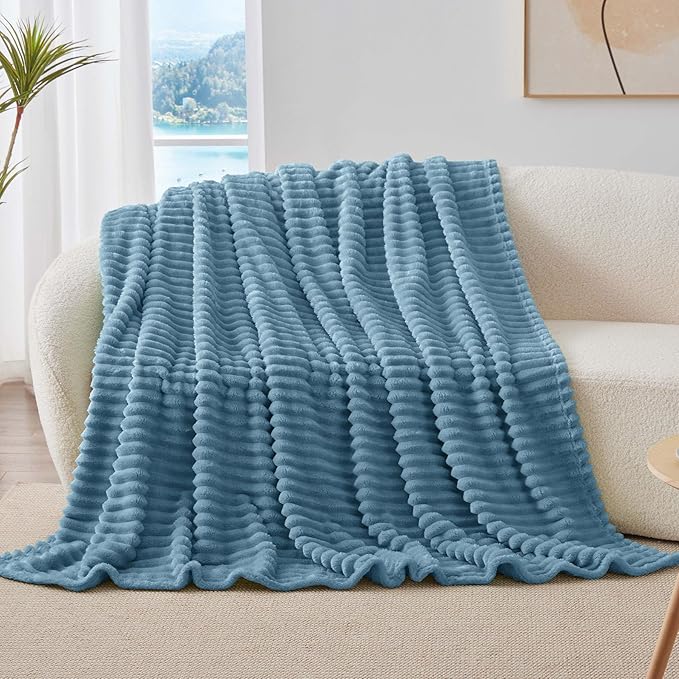 BEDELITE Fleece Throw Blanket for Couch - 300GSM Soft & Warm Fluffy Light Blue Blanket, Decorative and Giftable Striped Blankets for Women, Men, 50"x70"