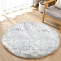 ORINOVA White and Grey Round Shag Rug 4ft Faux Sheepskin Fur Rugs for Living Room Small Circle Washable Plush Rug for Nursery Cute Room Décor
