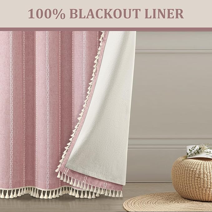 Boho Blackout Curtains 2 Panels 84 Inch for Living Room Bedroom,Pink Linen Texture Farmhouse Curtains with Tassels and Cotton Embroidery Vintage Rustic Western Rod Pocket