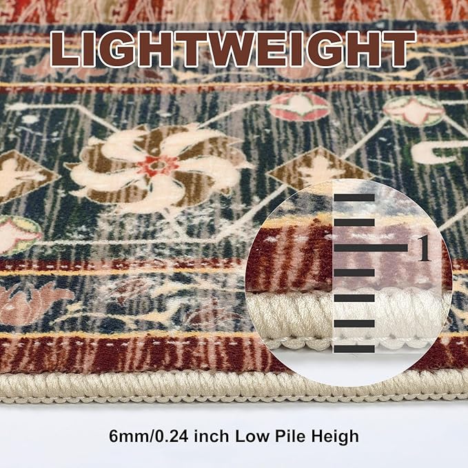 Yamaziot Area Rug 5x7, Non-Slip Washable Boho Vintage Living Room Bedroom Rug with Rubber Backing, Low Pile Faux Wool Soft Distressed Rug Floor Carpet for Living Room, Bedroom, Brick Red