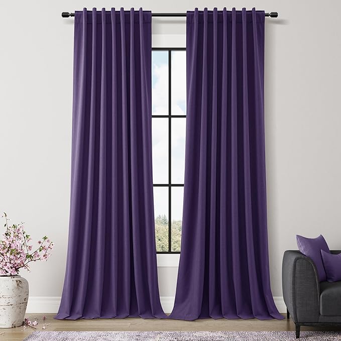 Guken New Purple 100% Blackout Linen Curtains 96 Inch Length 2 Panels Set for Living Room Bedroom Back Tab/Rod Pocket Thermal Insulated Farmhouse Black Out Drapes Room Darkening,52x96