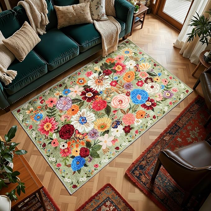 Green Living Room Rugs, Area Rugs 5x7 Rug for Bedroom Ultra-Thin Soft, Non-Slip Washable Rugs Stain Resistant Boho Rug Low-Pile Throw Rug for ‎Dining Room Office (5 x 7, Green Garden)