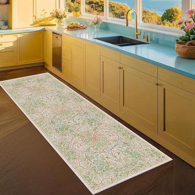 Hazo Haus Non Slip Beige Green Bathroom Runner Rug - Long Runner Rugs 24 x 72 Washable Kitchen Floor Mat, Laundry Room Rug, Hallway Runner - Vintage Floral Design Décor (2x6 Beige Green)